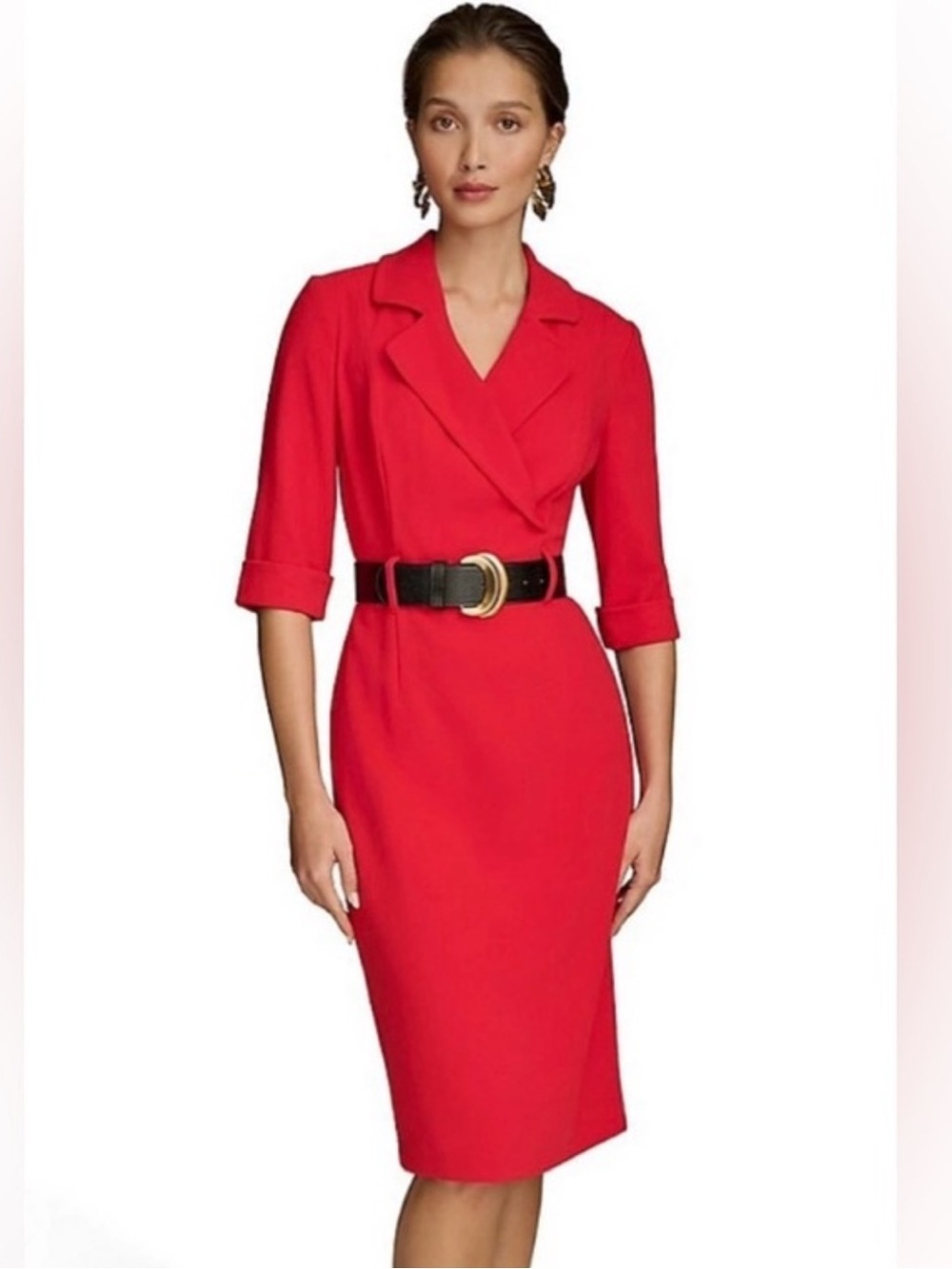 Donna Karan NWT Sheath V-Neck 3/4 Sleeve Belted Crepe False Wrap Dress